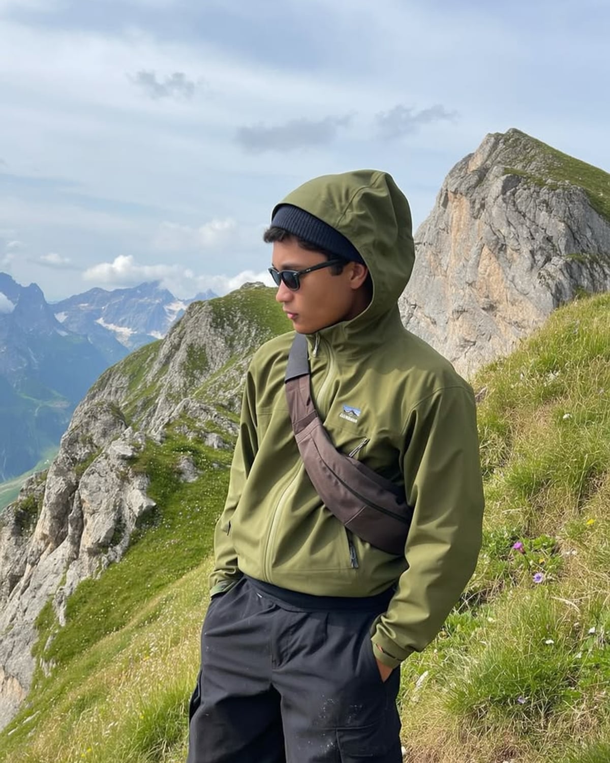 Gorpcore outfit — navy wool beanie, black wraparound athletic sunglasses, olive softshell hooded jacket, dark grey softshell hiking pants, trail running approach shoes