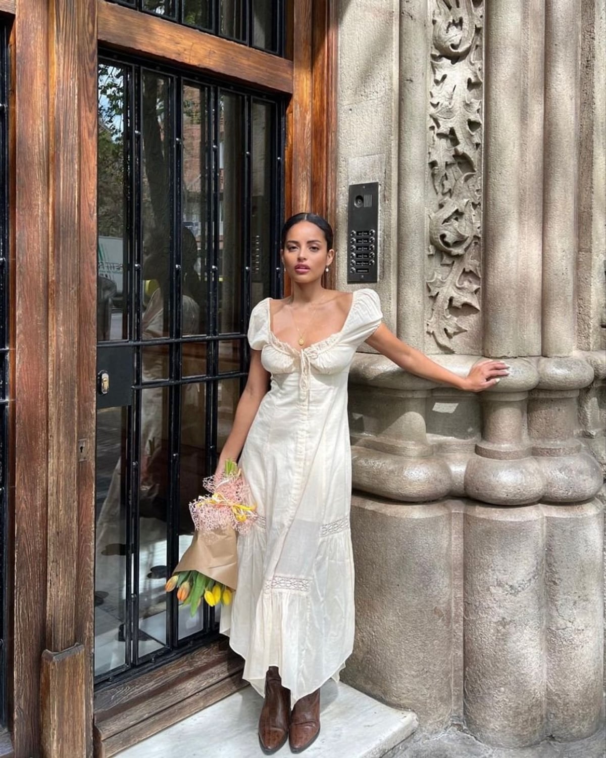 Cottagecore outfit — Cream puff-sleeve prairie maxi dress, Gold pendant necklace, Brown leather western ankle boots