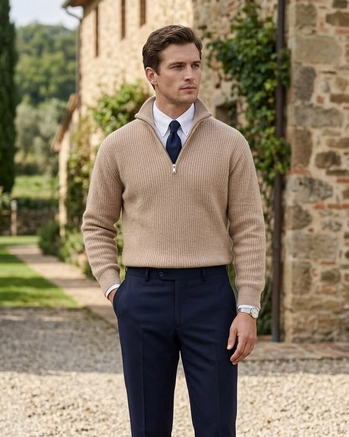 Old Money outfit — men's white dress shirt, men's navy silk tie, men's camel ribbed half-zip sweater, men's navy wool trousers, men's brown leather loafers