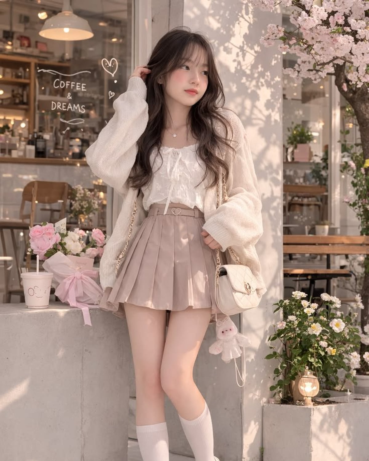 Soft Girl outfit — cream fuzzy oversized cardigan, white ribbon-tied lace blouse, taupe pleated mini skirt, heart-buckle belt, quilted cream chain shoulder bag